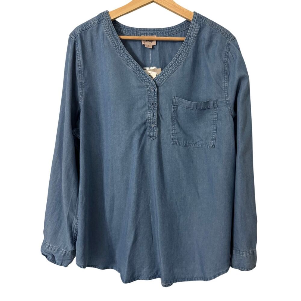 Como Re-Vintage Chambray 3/4 Roll Tab Sleeve Blouse Size Large NWT